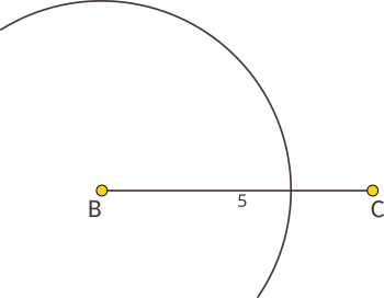 Cum desenăm un triunghi când știm lungimile laturilor acestuia. Desenăm un cerc cu centrul în B și cu raza egală cu AB.