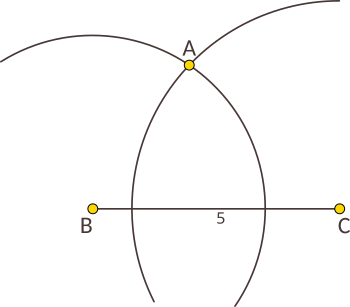 Cum desenăm un triunghi când știm lungimile laturilor acestuia. Desenăm un cerc cu centrul în C și cu raza egală cu AC. Punctul in care se intersectează cele două cercuri este punctul A, al treilea vârf al triunghiului.