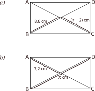 Calculați valoarea lui x pentru fiecare dintre dreptunghiurile de mai jos, folosind informațiile date pentru fiecare figură geometrică.