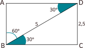 Calculați unghiurile, laturile și diagonalele dreptunghiului de mai jos, știind lățimea și diagonala.