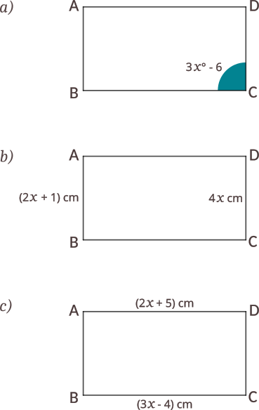 Calculați valoarea lui x pentru fiecare dintre dreptunghiurile de mai jos, folosind informațiile date pentru fiecare figură geometrică.