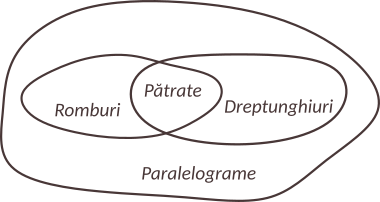 Relația între paralelograme, romburi, dreptunghiuri și pătrate este desenată în figura de mai jos.