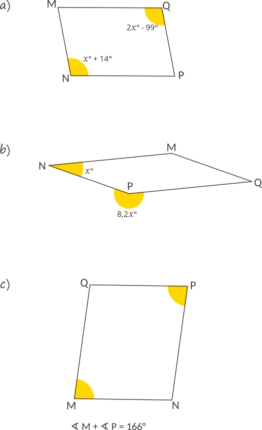 Calculați măsurile unghiurilor pentru fiecare dintre paralelogramele de mai jos, folosind informațiile date pentru fiecare figură geometrică.