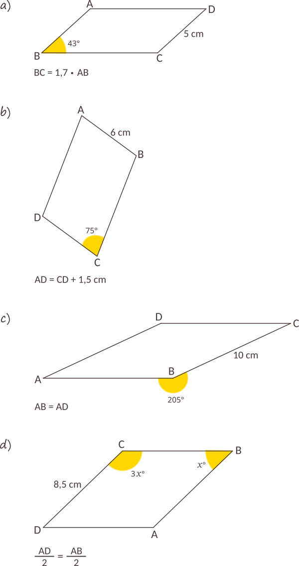 Calculați lungimile laturilor și măsurile unghiurilor pentru fiecare dintre paralelogramele de mai jos, folosind informațiile date pentru fiecare figură geometrică.