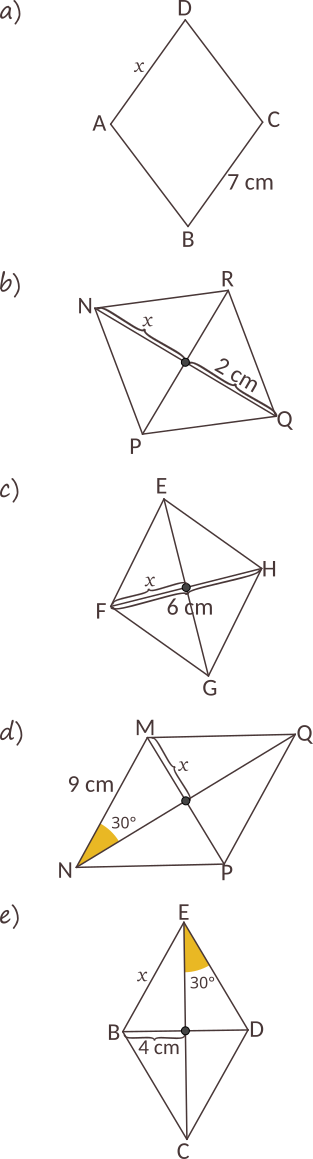 Calculați valoarea lui x pentru fiecare dintre romburile de mai jos, folosind informațiile date pentru fiecare figură geometrică.