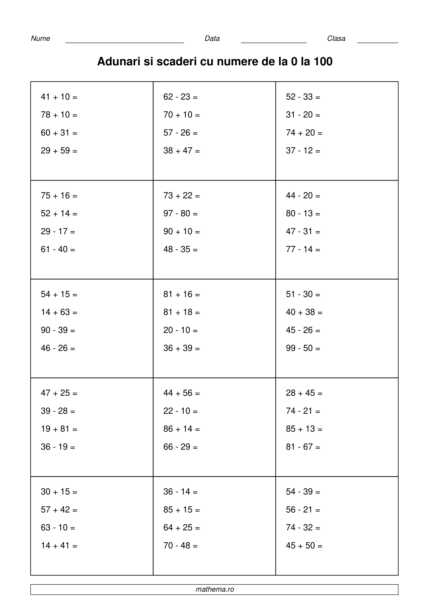 Fișe de lucru - adunări și scăderi cu numere naturale cuprinse între 0 și 100