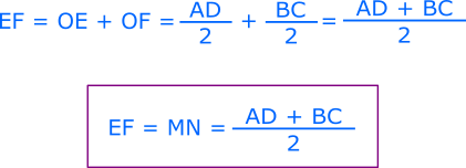 Lungimea lui EF (înălțimea trapezului) este egală cu jumătate din suma lungimilor bazelor AD și BC, adică lungimea înălțimii trapezului este egală cu lungimea liniei mijlocii a acestuia.