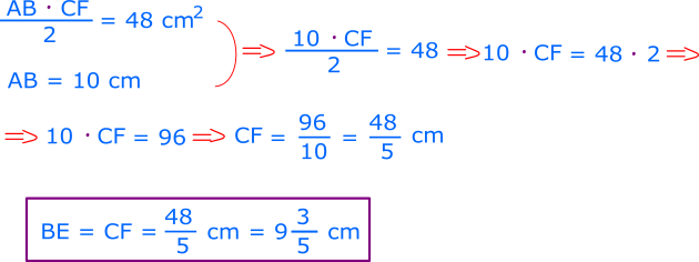 Știm lungimea laturilor AB și AC (10 cm), știm aria triunghiului, deci putem afla lungimile înălțimilor BE și CF.