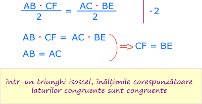 Indiferent ce latură a triunghiului o considerăm bază a acestuia, aria este aceeași. Știm că laturile AB și AC sunt congruente (egale) pentru că triunghiul ABC este isoscel. Rezultă că înălțimile BE și CF corespunzătoare laturilor congruente AB și AC sunt congruente.