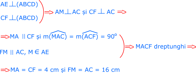 MACF este dreptunghi pentru că MA și CF sunt perpendiculare pe planul pătratului ABCD (deci și pe AC) și paralele; FM și AC sunt paralele. Rezultă că MF este congruent cu AC (au aceeași lungime) și CF este congruent cu MA.