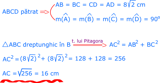 Aplicăm teorema lui Pitagora în triunghiul dreptunghic ABC (dreptunghic în B) și pbținem că lungimea lui AC este egală cu 16cm.