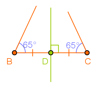 Desenăm unghiurile de la baza triunghiului (unghiurile ABC şi ACB) care au 65° fiecare.
